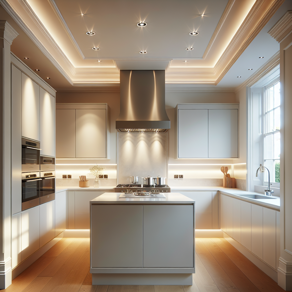 Modern UK kitchen with recessed ceiling downlights