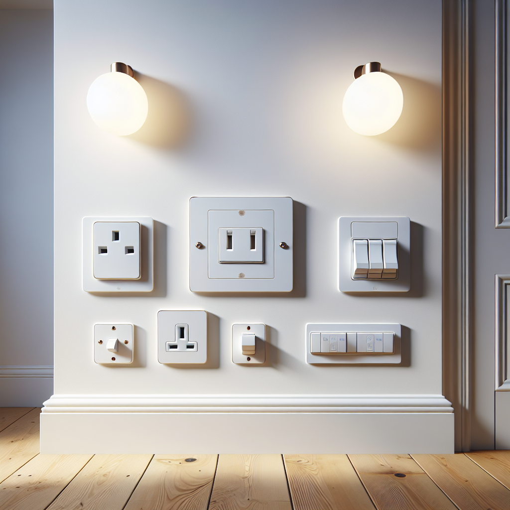 Modern UK double plug sockets and switches on a white wall