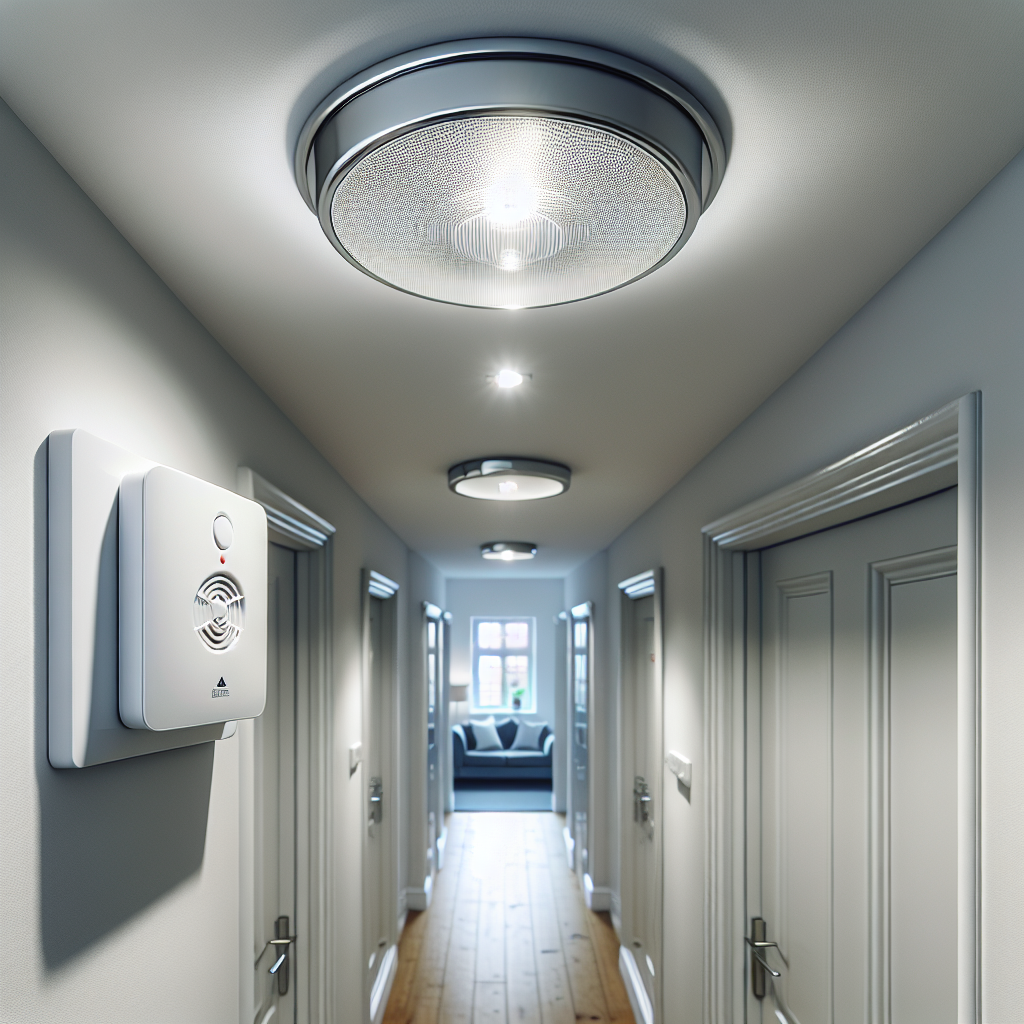 Smoke alarm and light fitting in a UK rental flat hallway